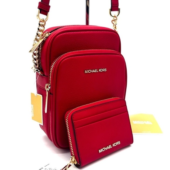 Michael Kors Handbags - Michael Kors Medium NS Chain Xbody Bag & Jet Set Travel Medium ZA Card Case Red